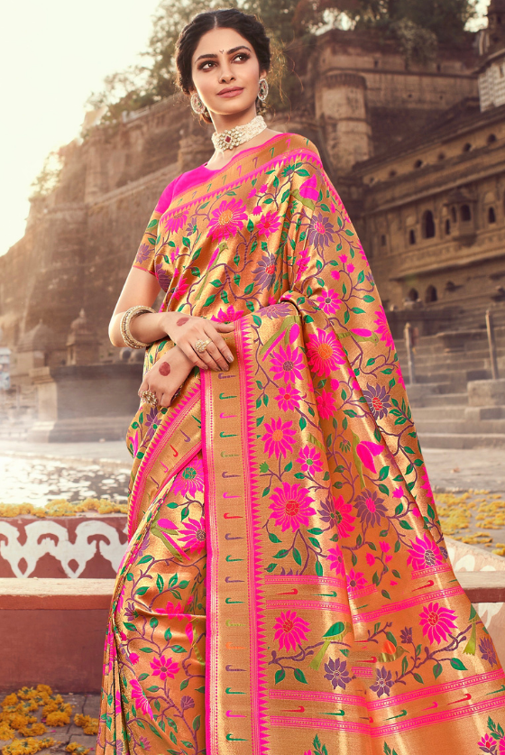 Golden Pink Zari Woven Banarasi Weaved Paithani Silk Saree