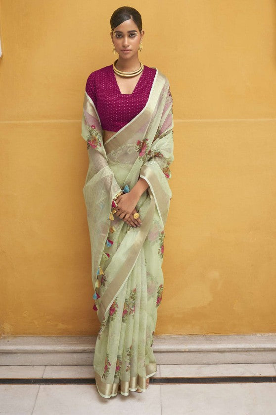 Chinoise Green Digital Print With Seaquins Tissue Silk Saree