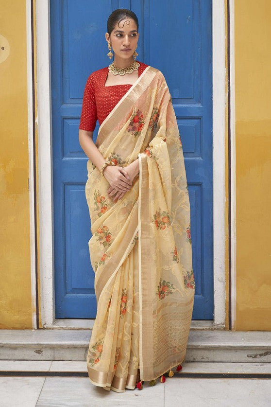 Light Brown Digital Print Tissue Silk Saree