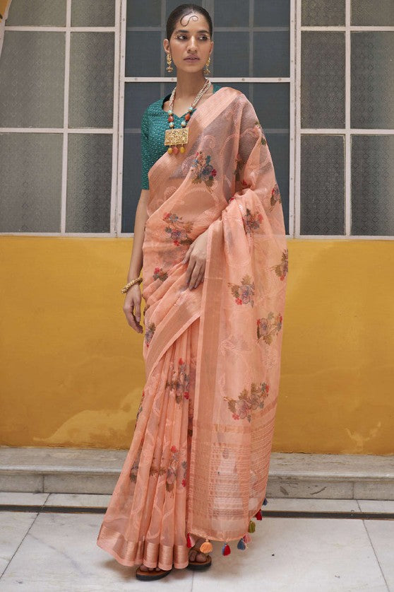 Cantaloupe Oramge Digital Print SeaquinsTissue Silk Saree