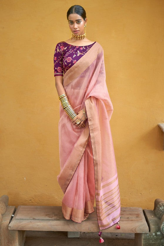Rose Pink Soft Tissue Organza Silk Saree With Brocade Blouse