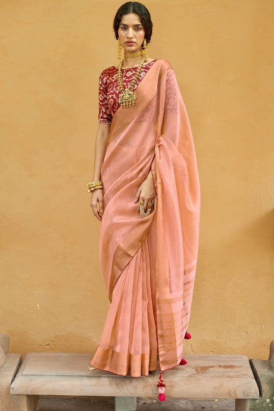 Mauvelous Pink Soft Tissue Organza Silk Saree With Brocade Blouse