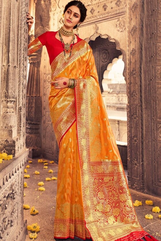 Merigold Orange Woven Banarasi Silk Saree