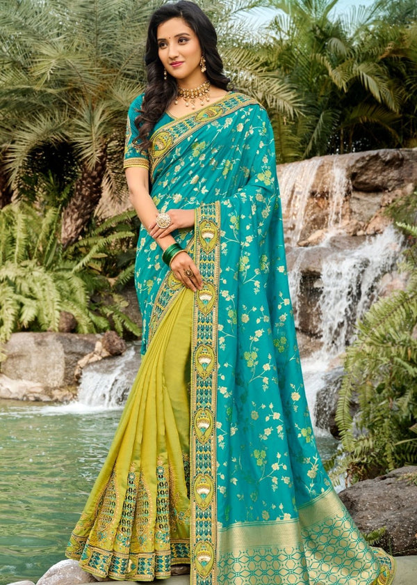 Green And Blue Half N Half Silk Saree With Embroidered Work