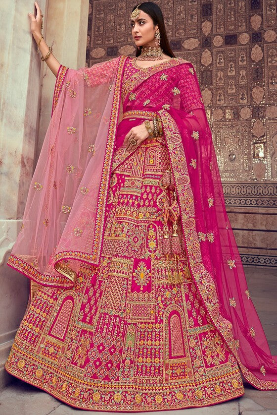 Hot Pink Banarasi Silk Lehenga Choli With Jarkan, Cutdana, And Hand Embroidery Work