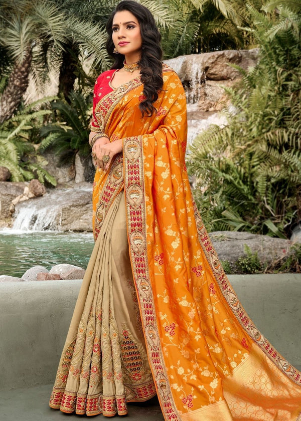 Brown And Orange Half N Half Silk Saree With Embroidered Work