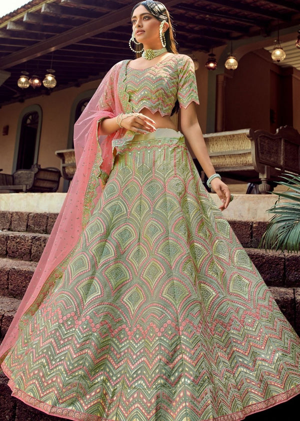 Pista Green Organza Lehenga Choli With Zari , Resham & Sequins Work