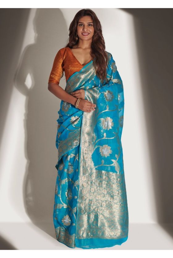 Cerulean Blue Banarasi Organza Silk Saree