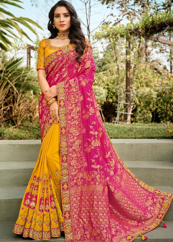 Yellow And Pink Half Half Silk Sareee With Embroidered Work