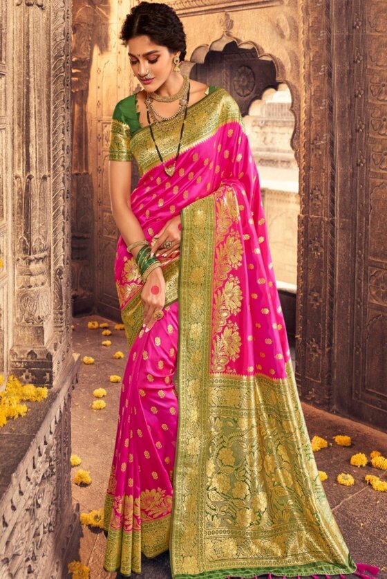 Shocking Pink Woven Banarasi Silk Saree