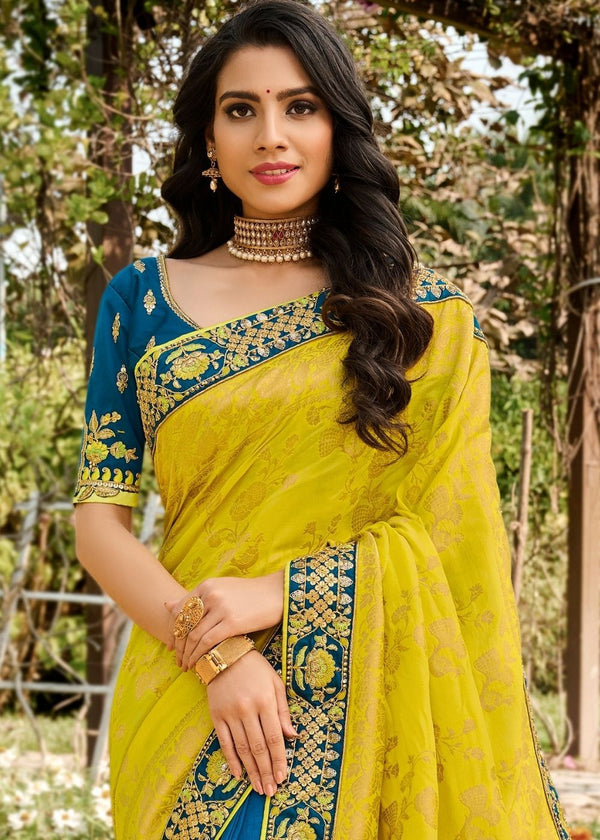 Blue and Yellow Half N Half Silk Saree With Embroidered Work