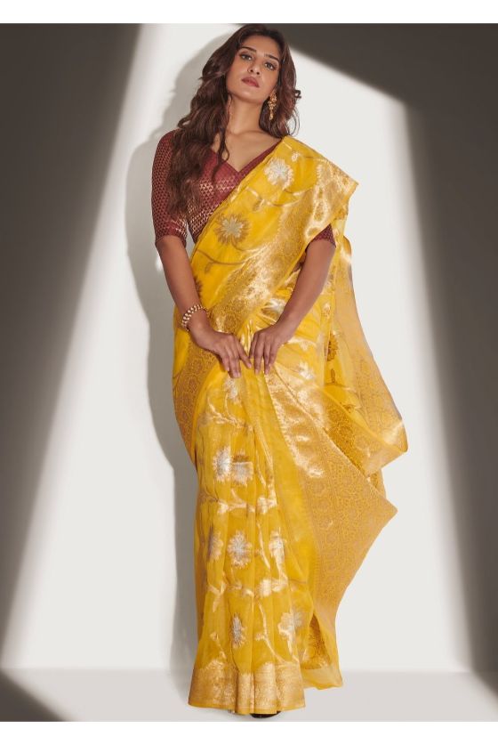 Corn Yellow Banarasi Organza Silk Saree