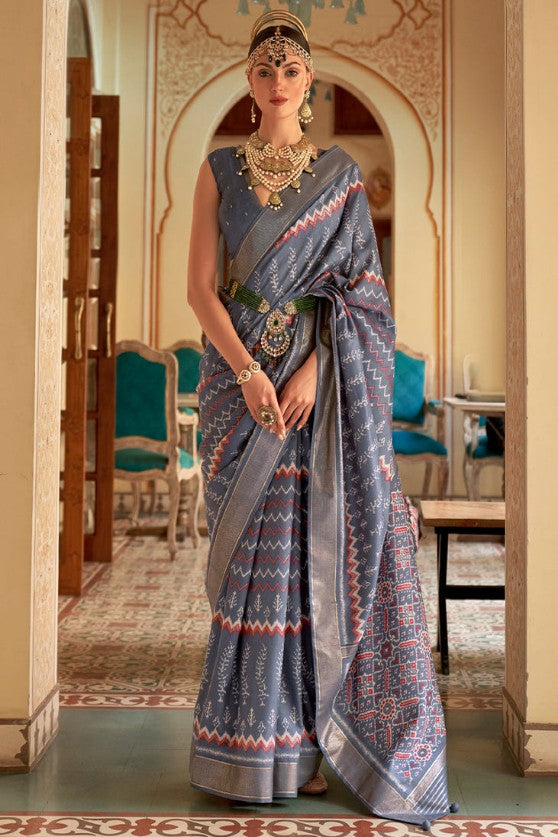 Classic Grey Patola Woven Silk Saree