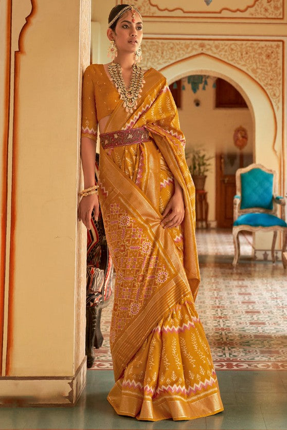 Mustard Yellow Patola Woven Silk Saree