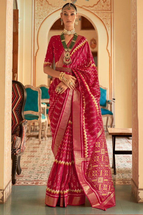 Rose Red Patola Woven Silk Saree