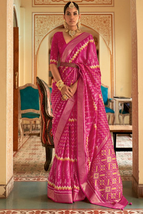 Cherry Pink Patola Woven Silk Saree