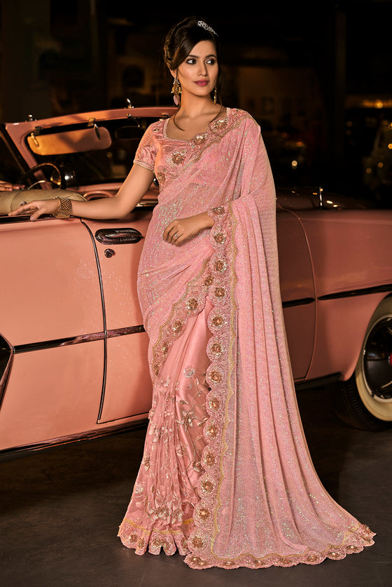 Light Pink  Lycra Half & Half Saree With Sequins & Appliqué Work.