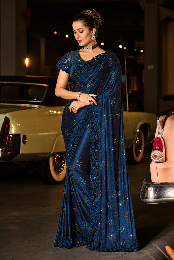 Dark Blue Lycra Saree with Heavy Embroidered Cutwork Lace