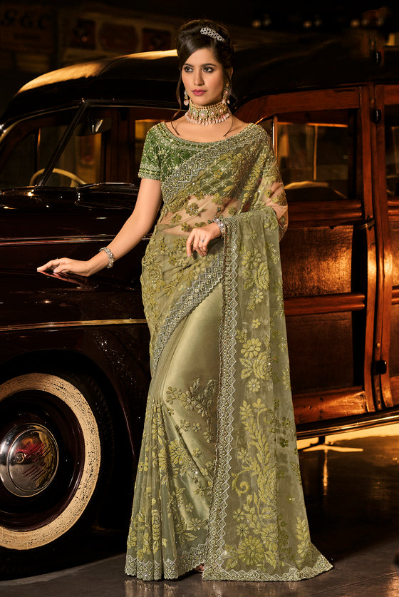 Moss Green Designer Net saree