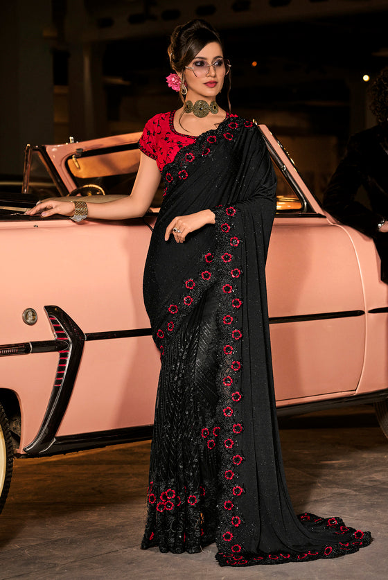 Black Lycra Saree with Sequins Work