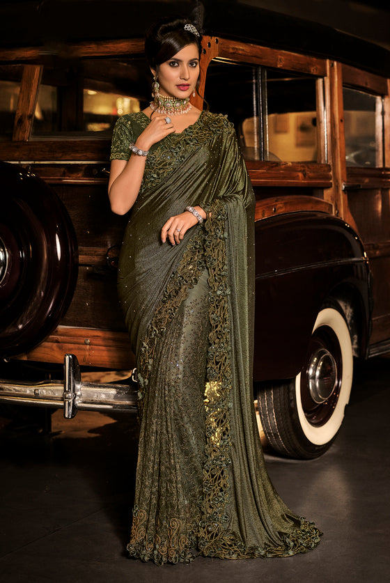 Dark Olive Green  Lycra Saree with Sequins Work