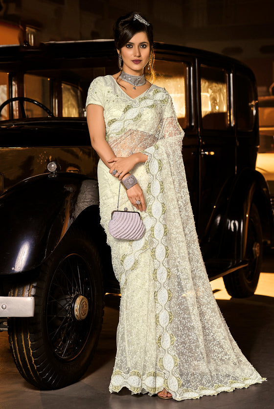 Pearl White Net Saree with Embroidery