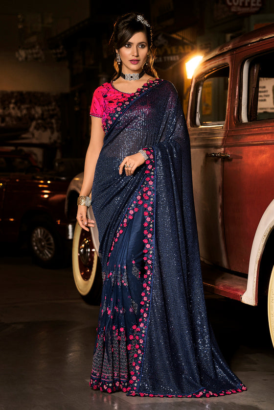 Blue Lycra Half and Half Saree with Sequins Work