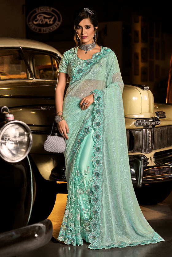 Sea Green Lycra Half & Half Saree With Sequins & Appliqué Work.