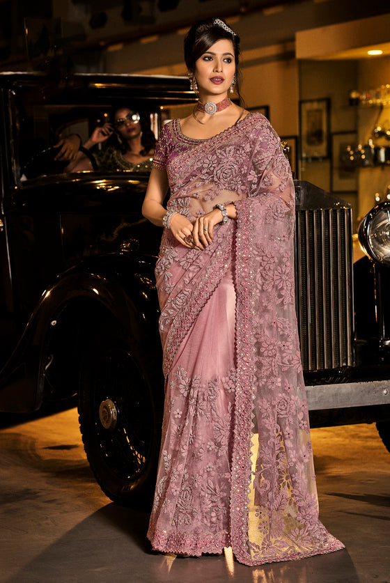 Dusty Pink Net Saree with Embroidery