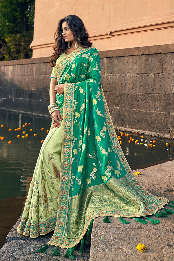 Shades of Green Designer Banaras Saree with Embroidered Blouse