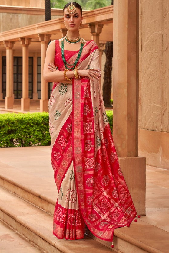 Beige Brown & Red Woven Patola Silk Saree With Swaroski Work