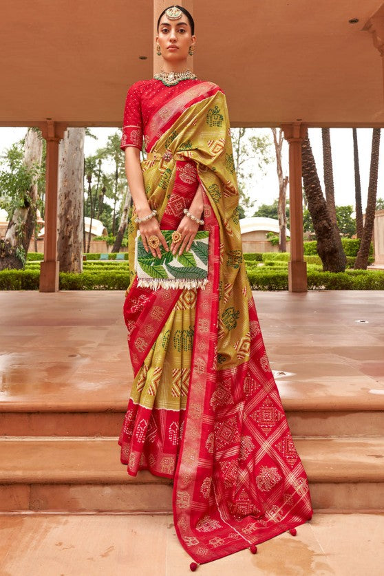 Mustard Yellow Woven Patola Silk Saree With Swaroski Work