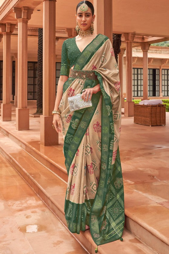 Light Brown & Green Woven Patola Silk Saree With Swaroski Work