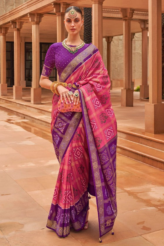 Pink & Purple Woven Patola Silk Saree With Swaroski Work