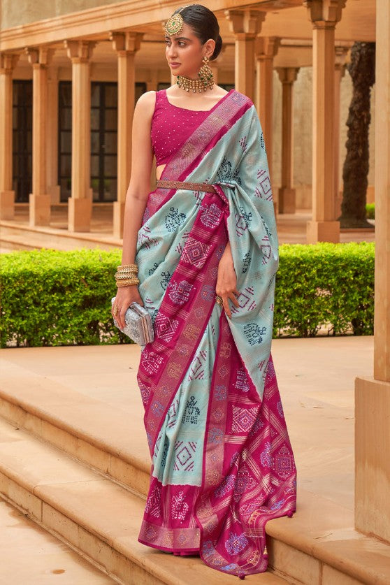 Green & Red Woven Patola Silk Saree With Swaroski Work