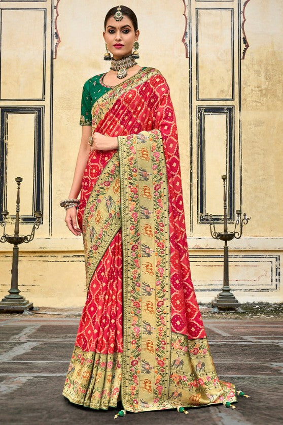 Shades Of Red Woven Patola  Silk Saree With Heavy Embroidery Blouse