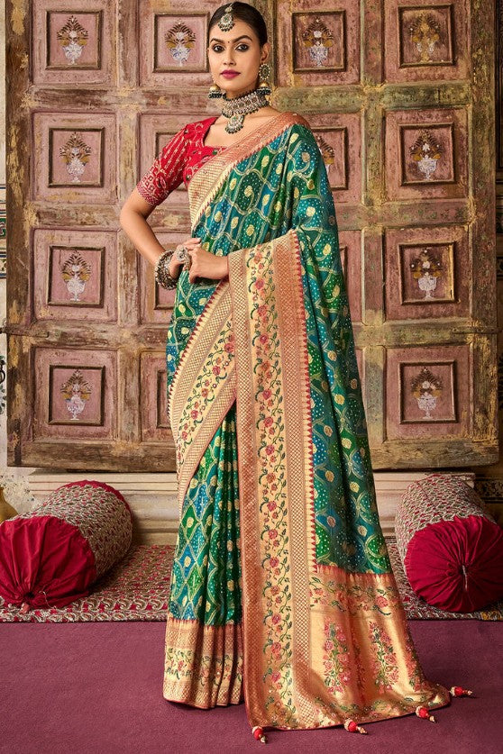 Blue & Green Woven Patola Silk Saree With Heavy Embroidered Blouse