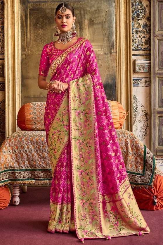 Shades Of Pink Woven Patola Silk Saree With Heavy Embroidered Blouse