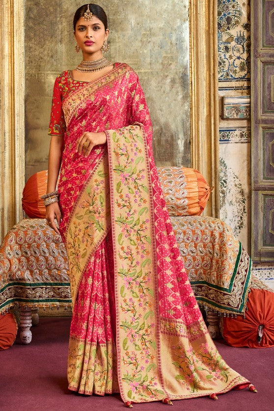 Brink Pink Woven Patola Silk Saree With Heavy Embroidered Blouse