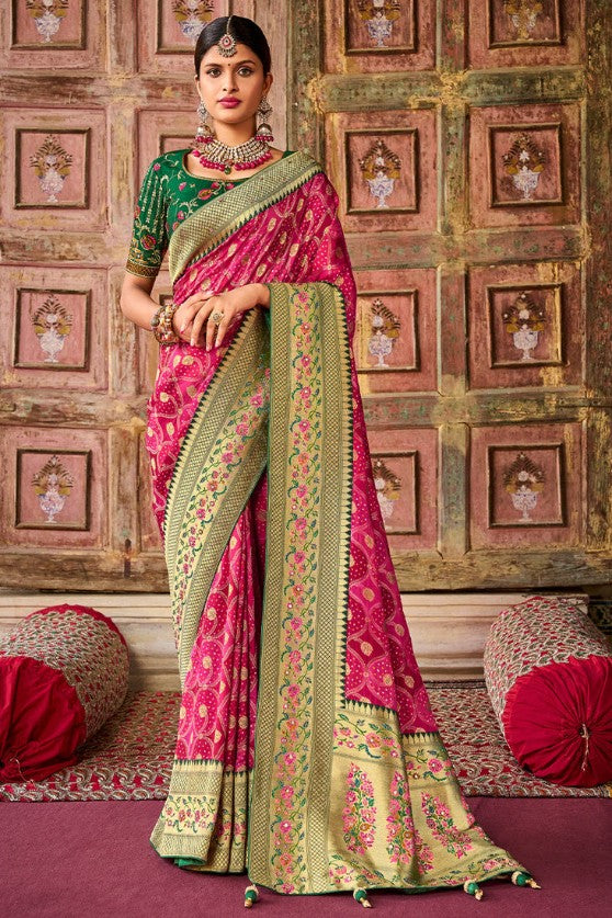 Hot Pink Woven Patola Silk Saree With Heavy Embroidered Blouse