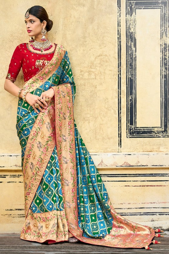 Blue & Green Woven Patola Silk Saree With Heavy Embroidered Blouse