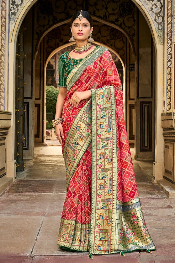 Shades Of Red Woven Patola Printed Dola Silk Saree With Heavy Embroidered Blouse