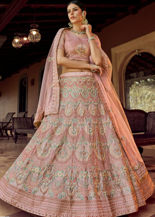 Rose Pink Georgette Lehenga Choli With Sequins , Zari & Resham Work