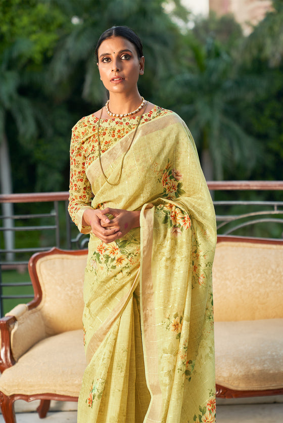 Blonde Yellow Digital Floral Printed Linen Saree With Sequins Weaving