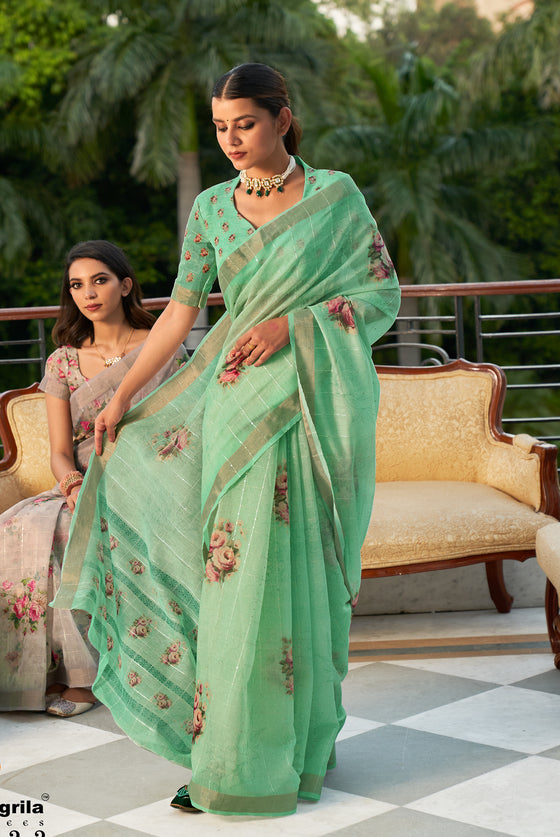 Spring Green Digital Floral Printed Linen Saree With Sequins Weaving