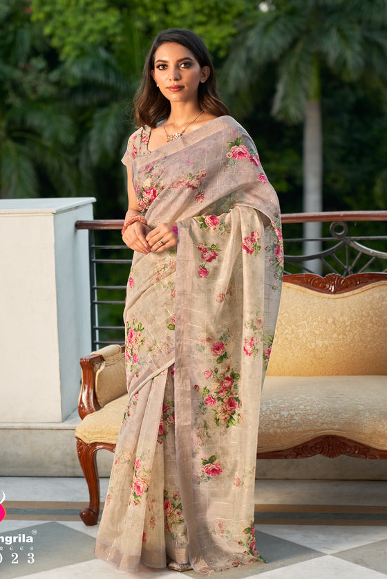 Light Mauve Purple Digital Floral Printed Linen Saree With Sequins Weaving