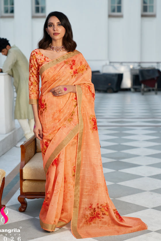 Tangerine Orange Digital Floral Printed Linen Saree With Sequins Weaving