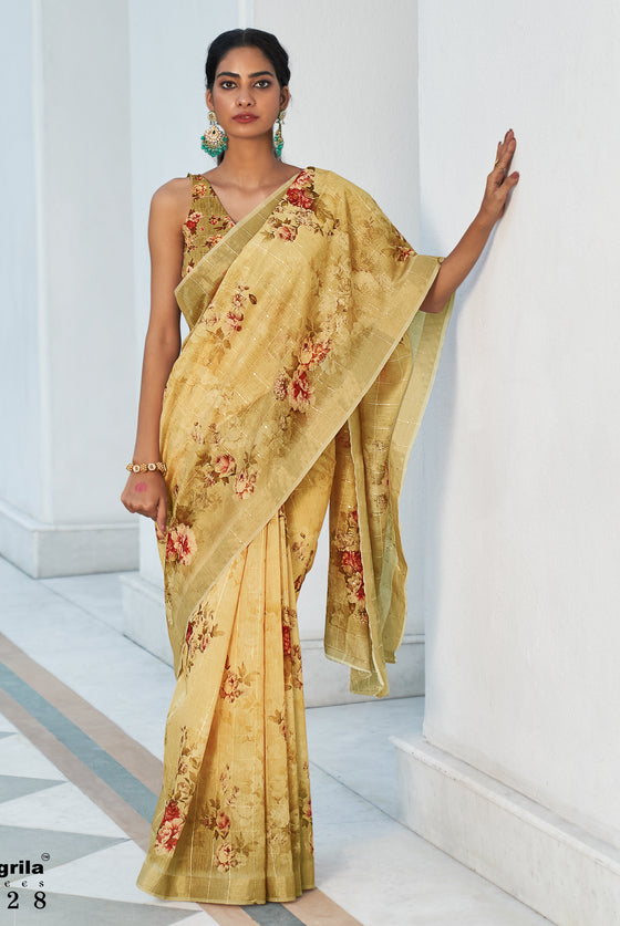 Daffodil Yellow Digital Floral Printed Linen Saree With Sequins Weaving