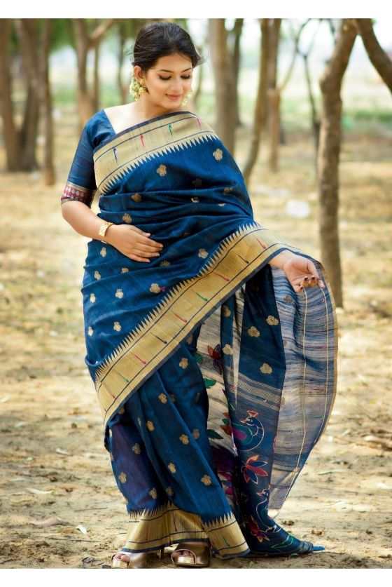 Azure Blue Paithani Tussar Silk Saree