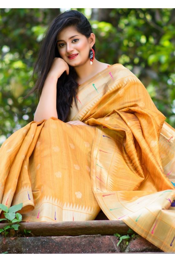 Mustard Yellow Paithani Tussar Silk Saree